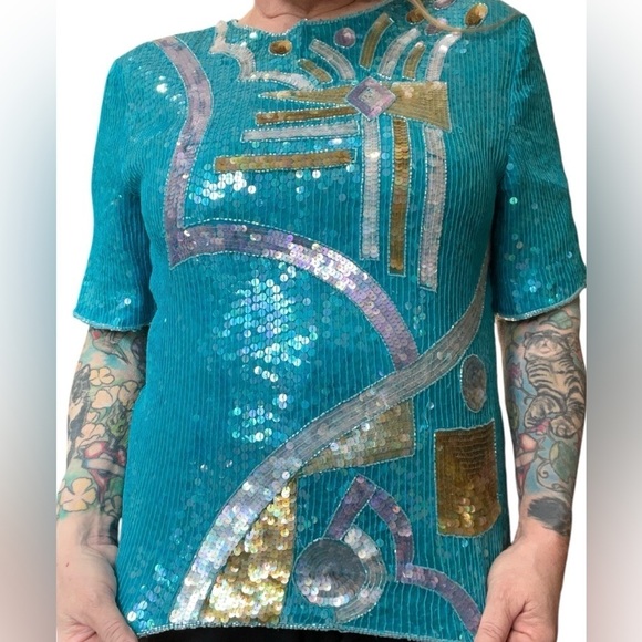 Pantagis Aqua abstract Vintage 70s/80s beaded silk sequin blouse-XL - Picture 7 of 9